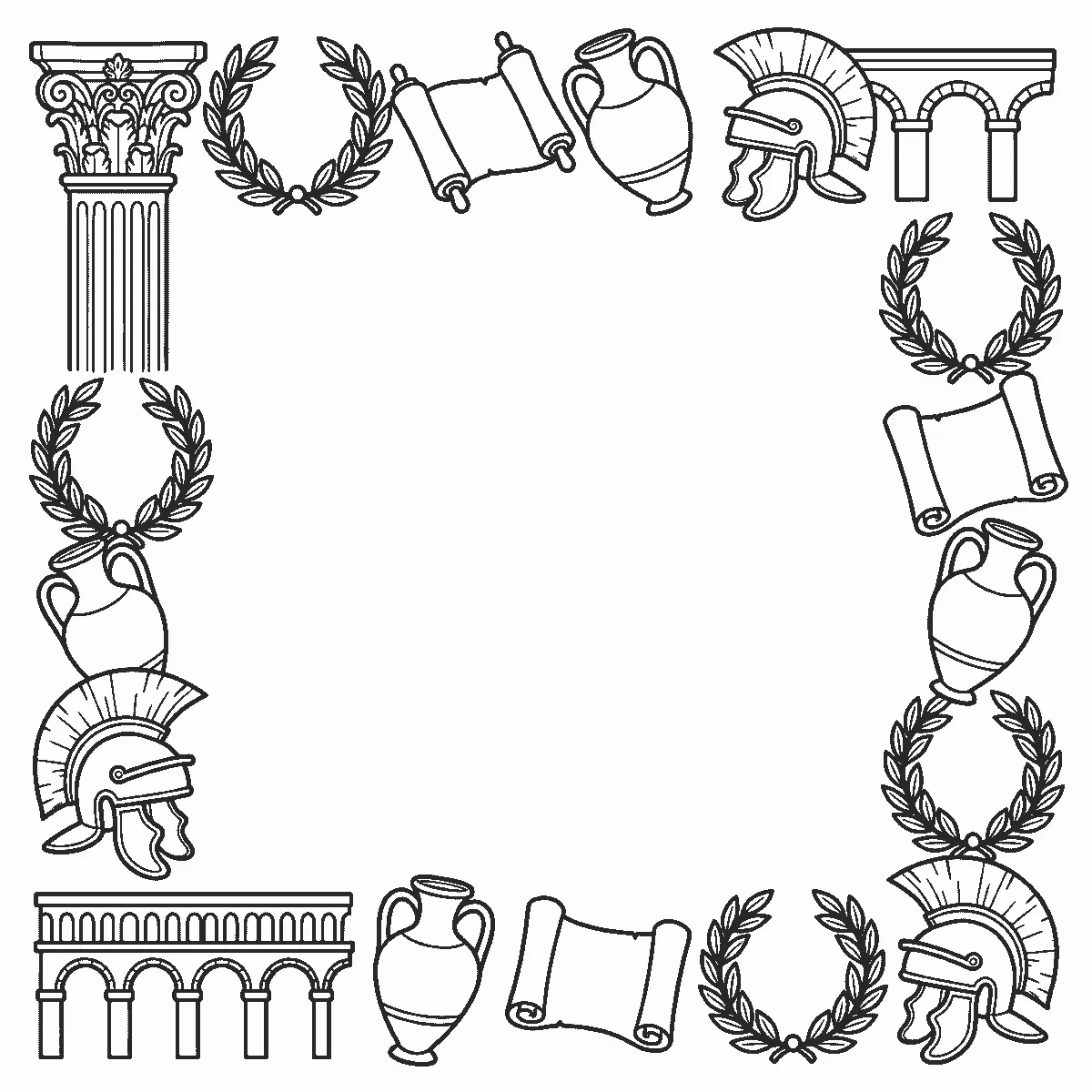Deckblatt-Rahmen aus einer verzierten Säule, Lorbeerkränzen, Schriftrollen, Amphoren, Römerhelmen mit Helmbusch und einem Aquädukt, schwarze Umrisslinien auf Weiß