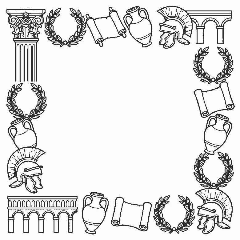 Deckblatt-Rahmen aus einer verzierten Säule, Lorbeerkränzen, Schriftrollen, Amphoren, Römerhelmen mit Helmbusch und einem Aquädukt, schwarze Umrisslinien auf Weiß