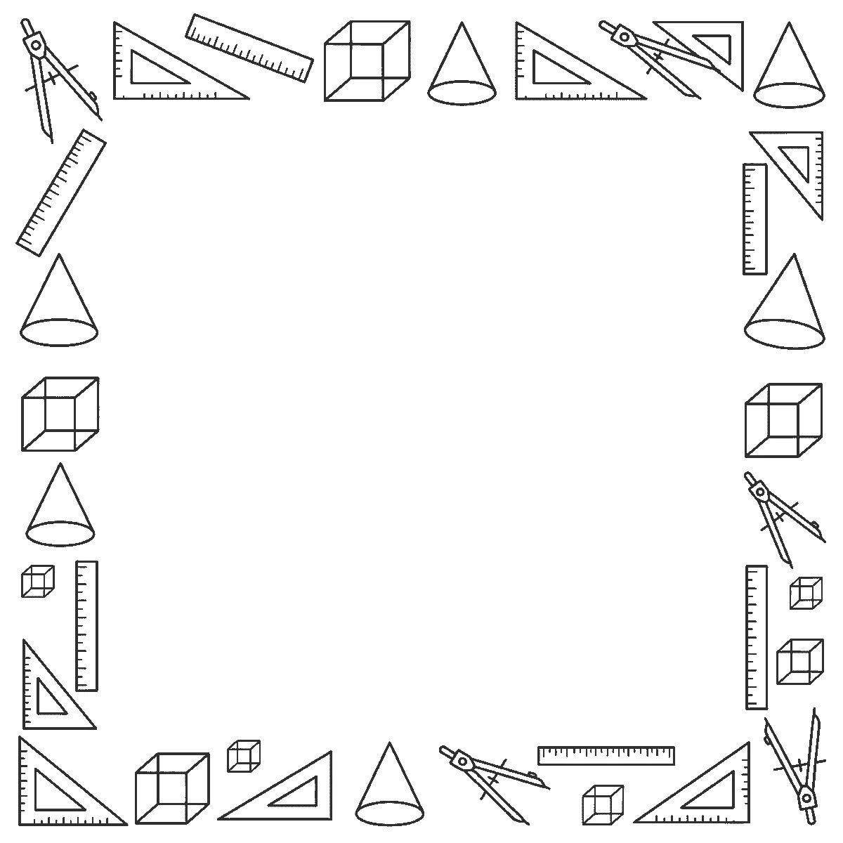 Deckblatt-Rahmen aus Zirkel, Lineal, Geodreieck und geometrischen Körpern, schwarze Umrisslinien auf Weiß