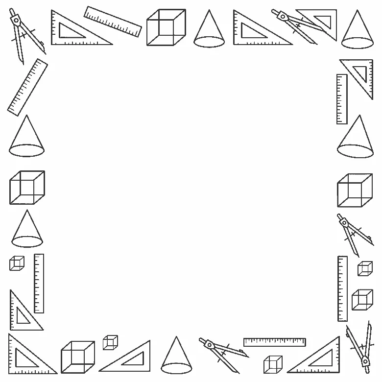 Deckblatt-Rahmen aus Zirkel, Lineal, Geodreieck und geometrischen Körpern, schwarze Umrisslinien auf Weiß