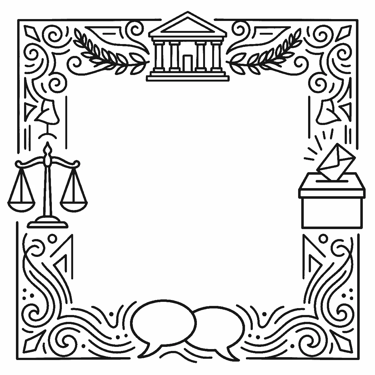 Deckblatt-Rahmen aus einem Säulengebäude mit Giebel, einer Waage, einer Wahlurne mit eingeworfenem Umschlag, zwei Sprechblasen und Lorbeerzweigen, schwarze Umrisslinien auf Weiß