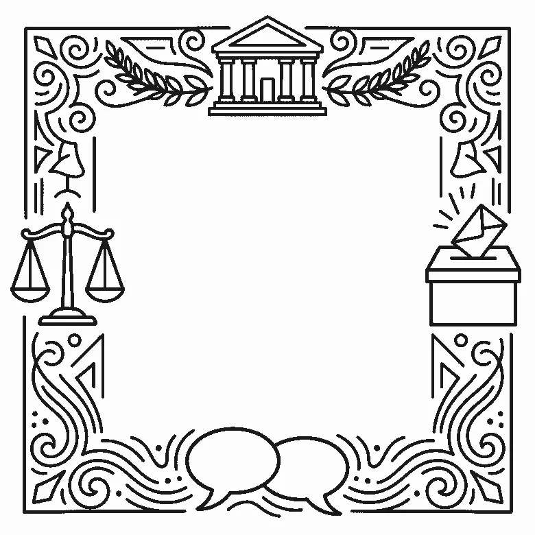 Deckblatt-Rahmen aus einem Säulengebäude mit Giebel, einer Waage, einer Wahlurne mit eingeworfenem Umschlag, zwei Sprechblasen und Lorbeerzweigen, schwarze Umrisslinien auf Weiß