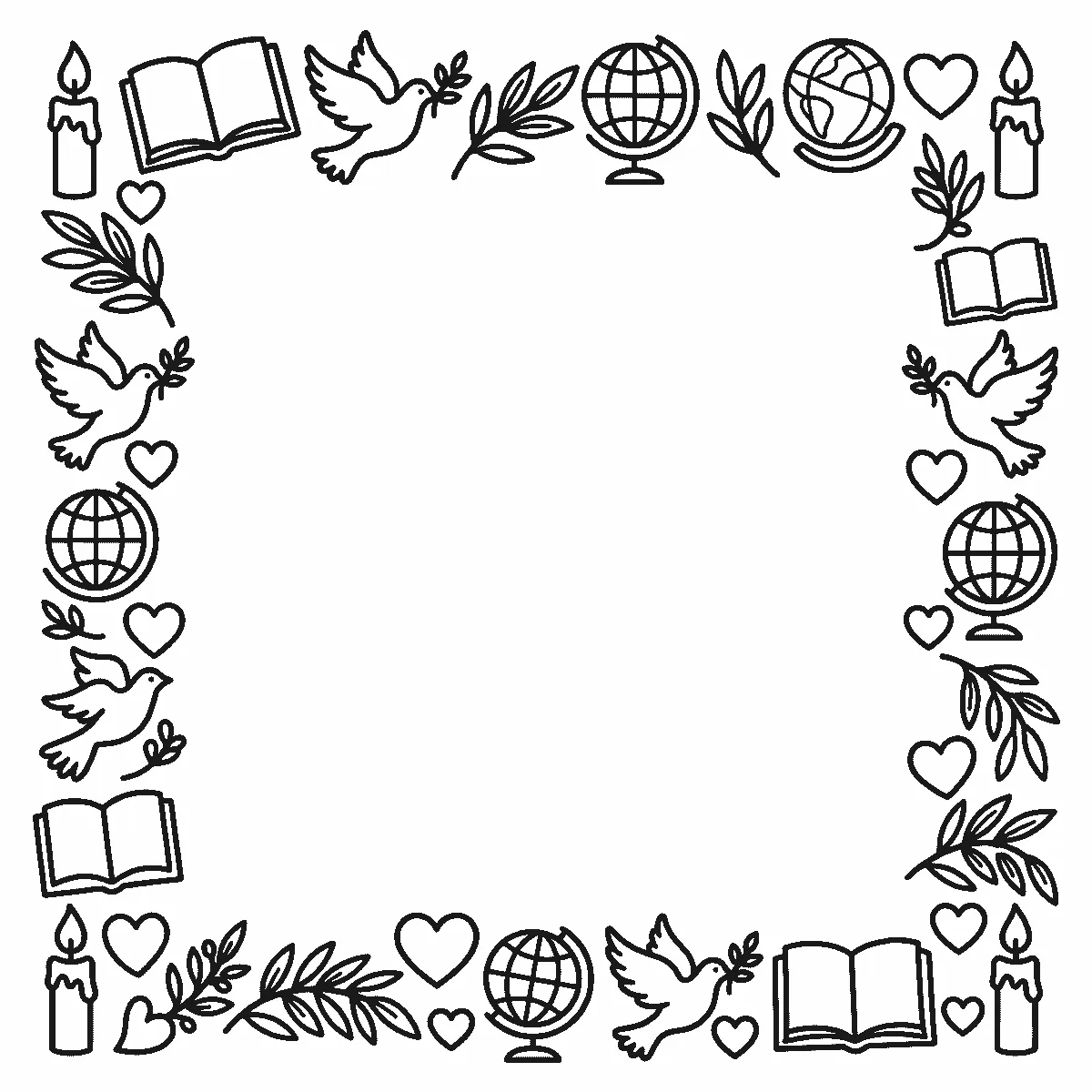 Deckblatt-Rahmen aus Kerzen, aufgeschlagenen Büchern, Tauben mit Ölzweig, Globen, Olivenzweigen und Herzen, schwarze Umrisslinien auf Weiß