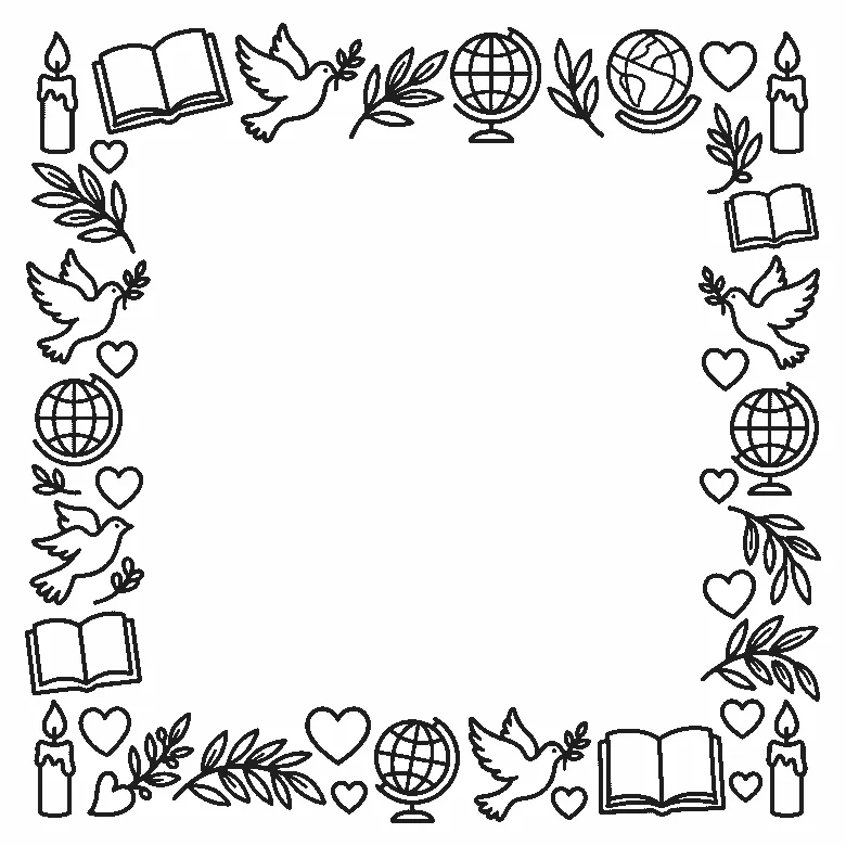 Deckblatt-Rahmen aus Kerzen, aufgeschlagenen Büchern, Tauben mit Ölzweig, Globen, Olivenzweigen und Herzen, schwarze Umrisslinien auf Weiß