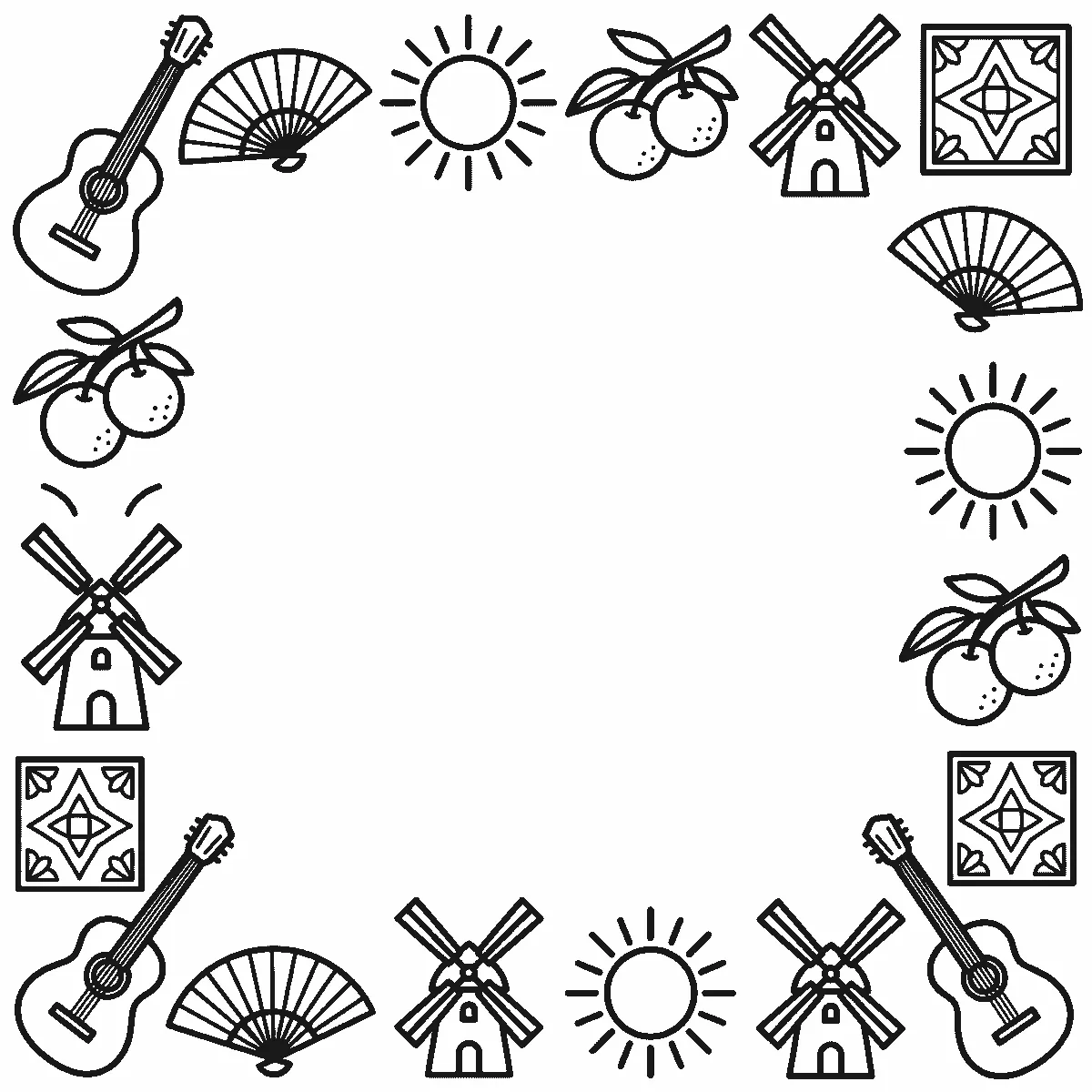 Deckblatt-Rahmen aus Gitarren, Handfächern, Sonnen, Orangenzweigen, Windmühlen und gemusterten Fliesen, schwarze Umrisslinien auf Weiß