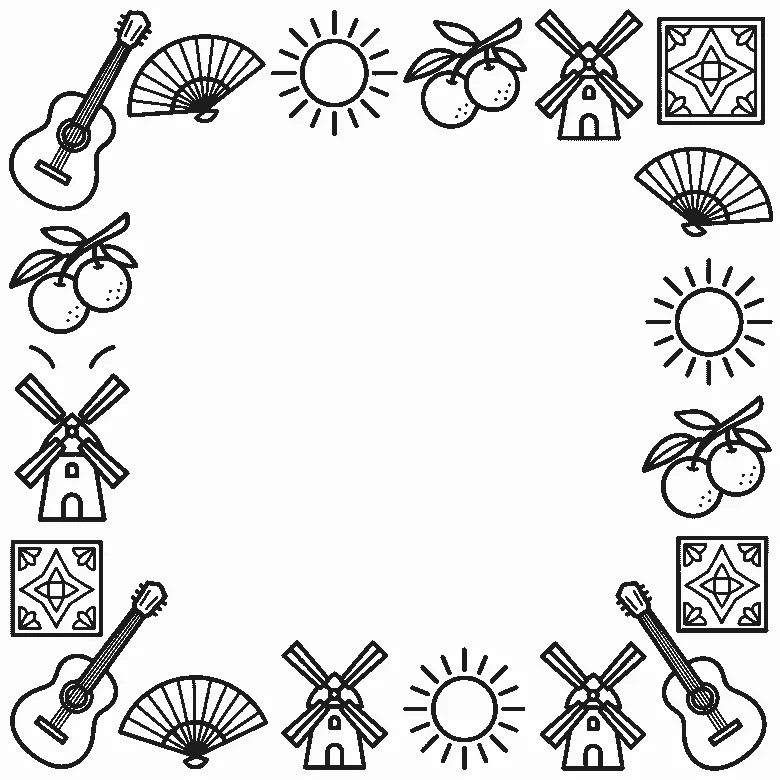 Deckblatt-Rahmen aus Gitarren, Handfächern, Sonnen, Orangenzweigen, Windmühlen und gemusterten Fliesen, schwarze Umrisslinien auf Weiß