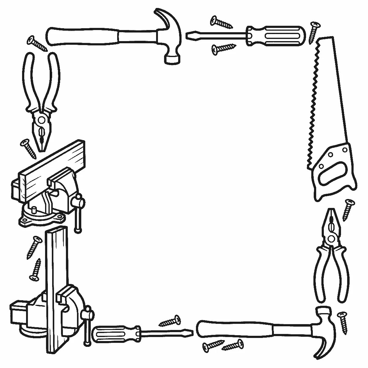 Deckblatt-Rahmen aus Hammer, Schraubendreher, Kombizange, Handsäge, Schraubstock mit eingespanntem Brett und verstreuten Schrauben, schwarze Umrisslinien auf Weiß