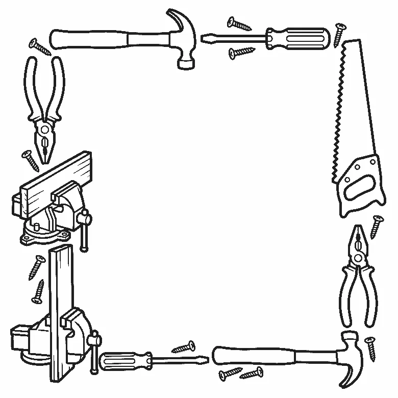 Deckblatt-Rahmen aus Hammer, Schraubendreher, Kombizange, Handsäge, Schraubstock mit eingespanntem Brett und verstreuten Schrauben, schwarze Umrisslinien auf Weiß