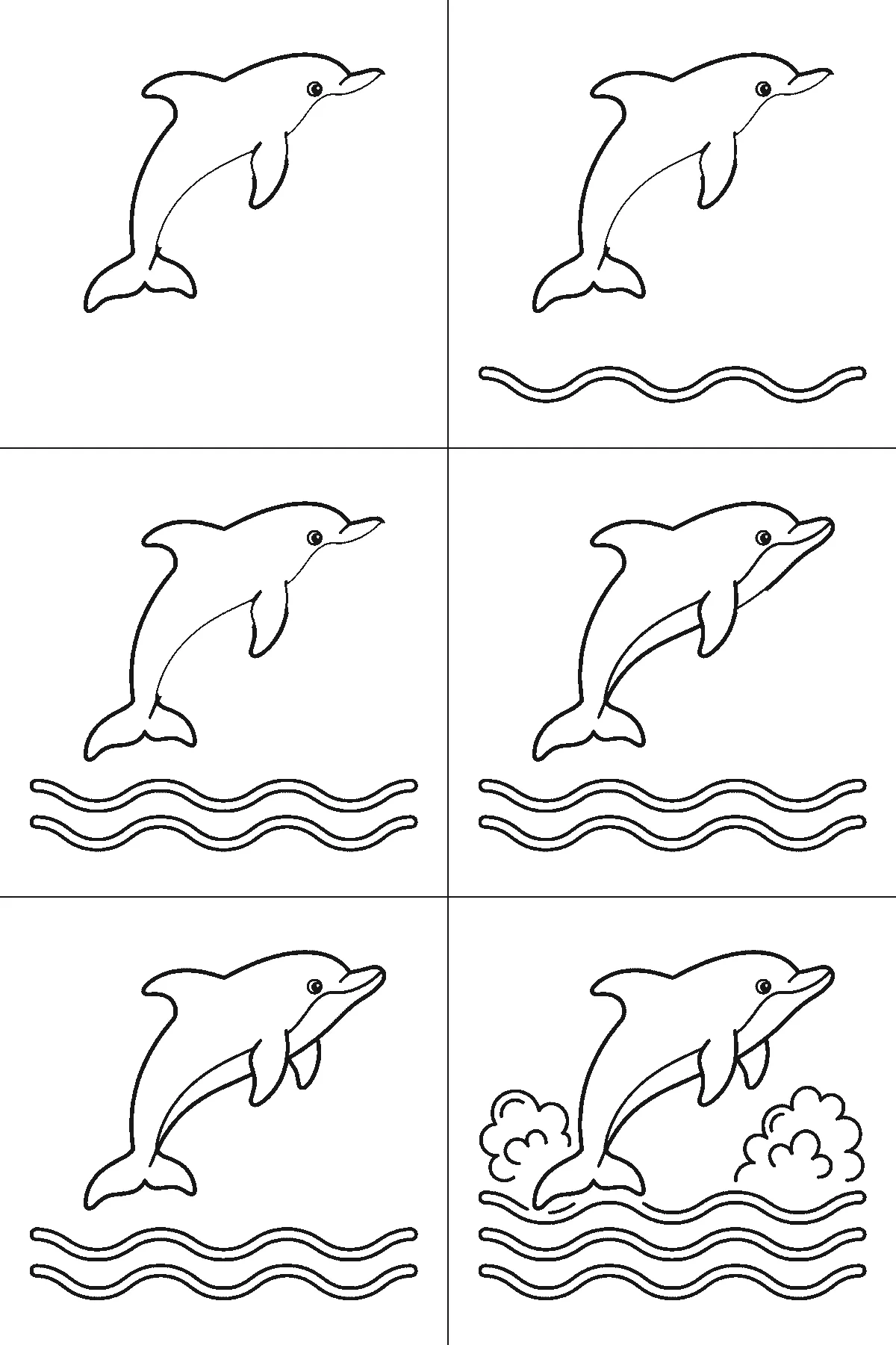 Schritt-für-Schritt-Blatt mit sechs nummerierten Feldern: ein springender Delfin über Wellenlinien, mit Rückenflosse, Brustflosse, breiter Schwanzflosse und Gischtwolken zu beiden Seiten. Jedes Feld übernimmt die Linien des vorherigen und fügt neue hinzu, schwarze Linien auf weißem Grund.