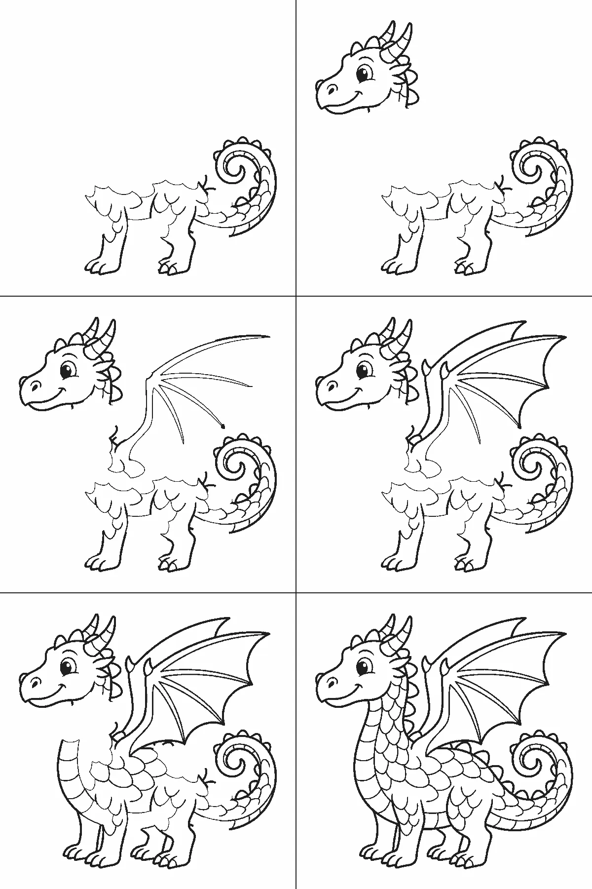 Schritt-für-Schritt-Blatt mit sechs nummerierten Feldern: ein freundlicher Drache im Profil mit Hörnern, Schuppenreihen, Rückenzacken, einem aufgestellten Flügel und eingerolltem Schwanz. Jedes Feld übernimmt die Linien des vorherigen und fügt neue hinzu, schwarze Linien auf weißem Grund.