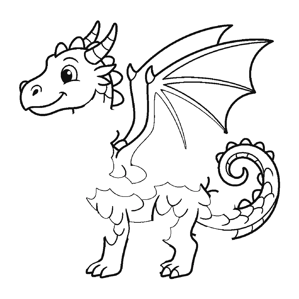 Schritt 4 von 6 — Zeichnung eines Drachen, schwarze Linien auf weißem Grund