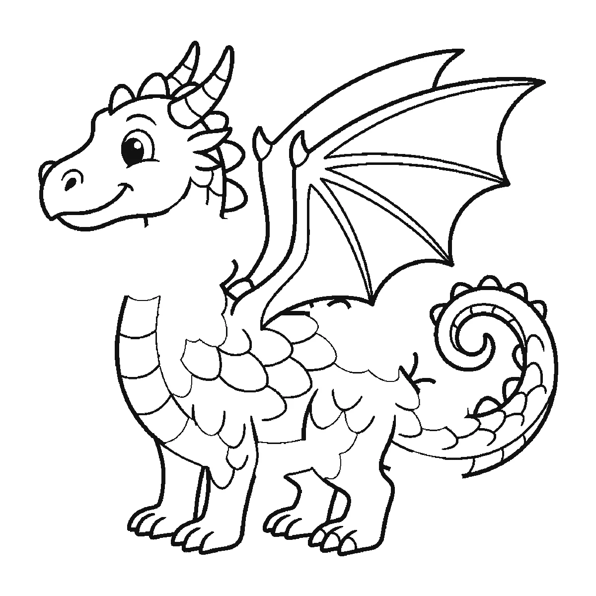 Schritt 5 von 6 — Zeichnung eines Drachen, schwarze Linien auf weißem Grund