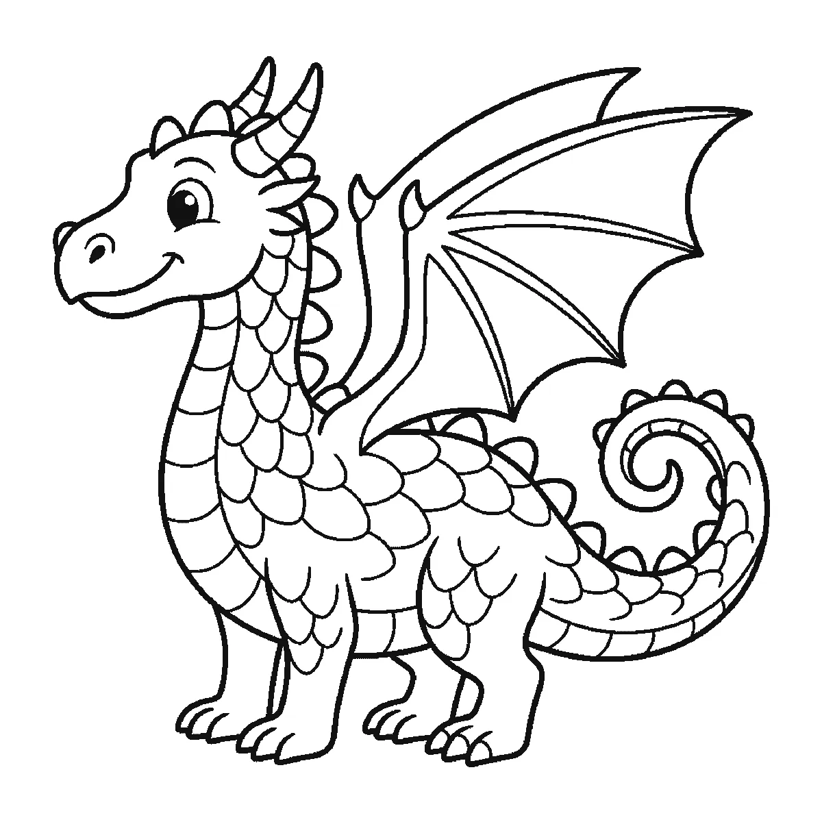 Schritt 6 von 6 — Zeichnung eines Drachen, schwarze Linien auf weißem Grund