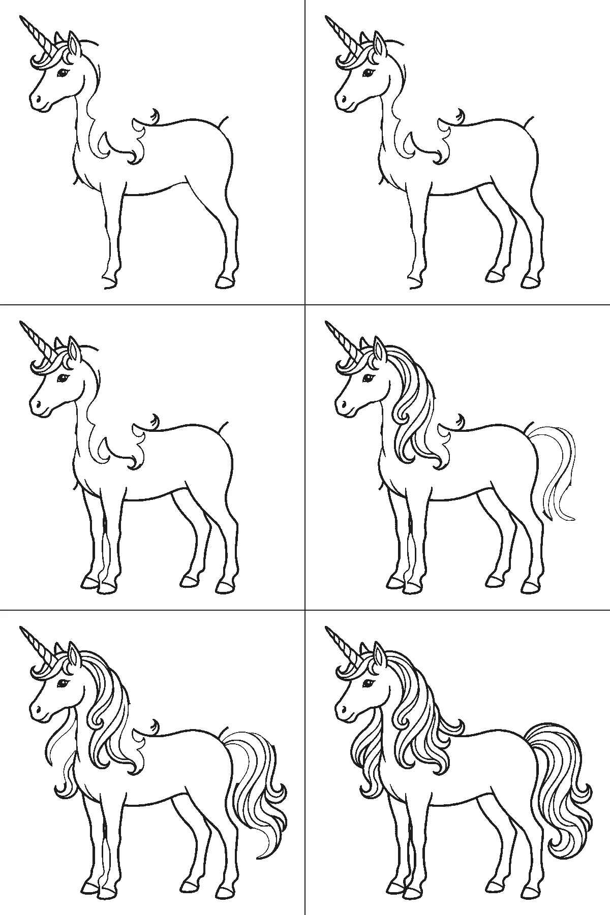 Schritt-für-Schritt-Blatt mit sechs nummerierten Feldern: ein stehendes Einhorn im Profil mit gedrehtem Horn, langer gewellter Mähne und langem gewelltem Schweif. Jedes Feld übernimmt die Linien des vorherigen und fügt neue hinzu, schwarze Linien auf weißem Grund.