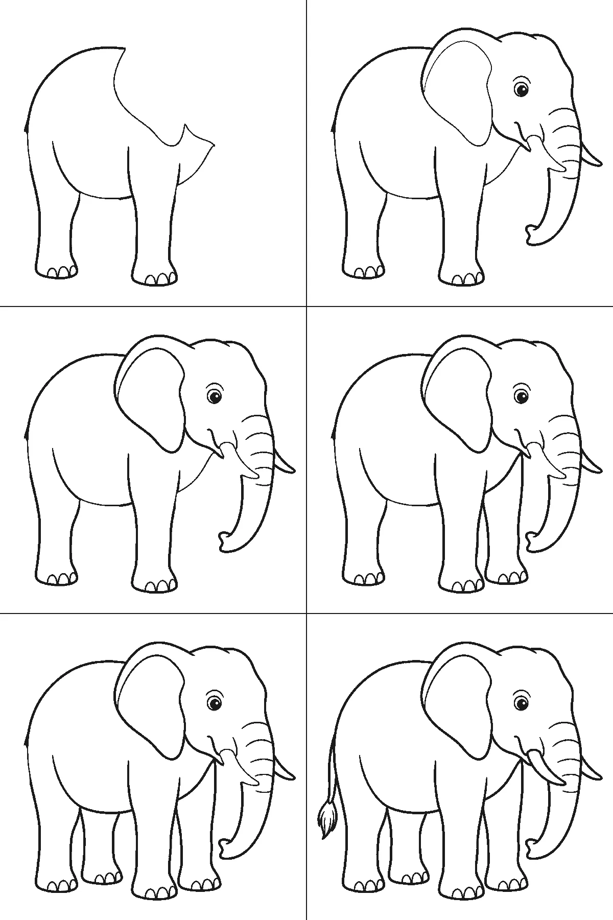 Schritt-für-Schritt-Blatt mit sechs nummerierten Feldern: ein stehender Elefant im Profil mit großem Ohr, langem Rüssel mit Querfalten, zwei Stoßzähnen, vier Säulenbeinen und einem Schwanz mit Quaste. Jedes Feld übernimmt die Linien des vorherigen und fügt neue hinzu, schwarze Linien auf weißem Grund.
