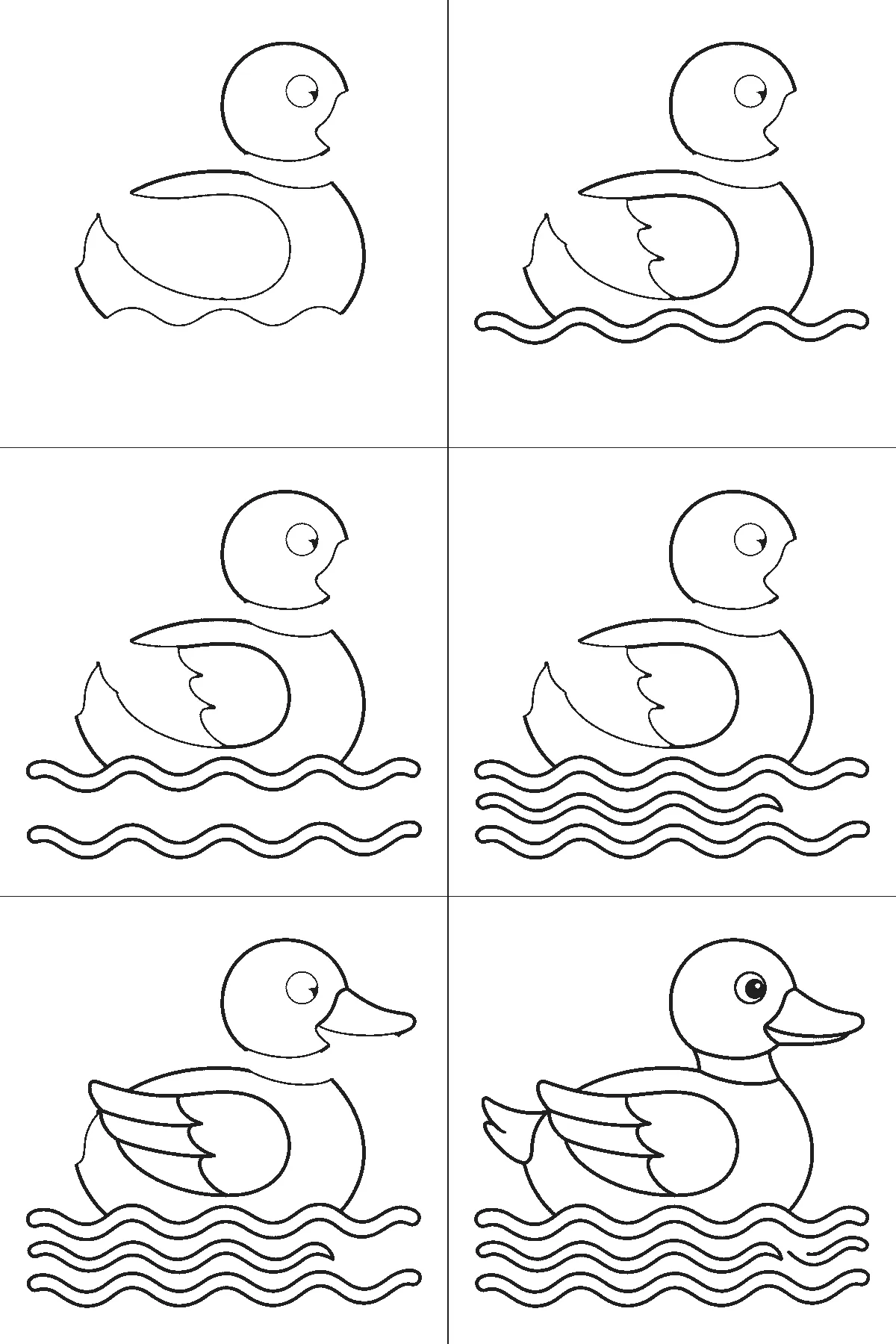 Schritt-für-Schritt-Blatt mit sechs nummerierten Feldern: eine schwimmende Ente im Profil mit rundem Kopf, breitem flachem Schnabel, angelegtem Flügel mit Federfeldern und Wellenlinien darunter. Jedes Feld übernimmt die Linien des vorherigen und fügt neue hinzu, schwarze Linien auf weißem Grund.