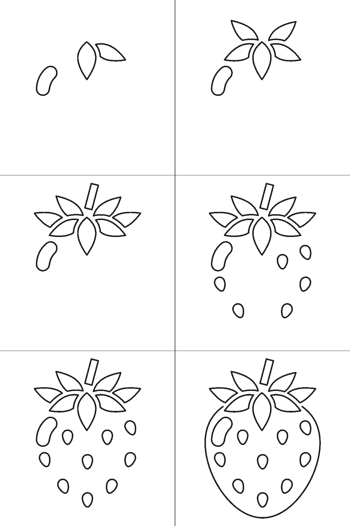 Schritt-für-Schritt-Blatt mit sechs nummerierten Feldern: eine große Erdbeere von vorn, mit fünf einzeln stehenden Blattspitzen, kurzem Stiel und weit auseinanderliegenden ovalen Kernen. Jedes Feld übernimmt die Linien des vorherigen und fügt neue hinzu, schwarze Linien auf weißem Grund.