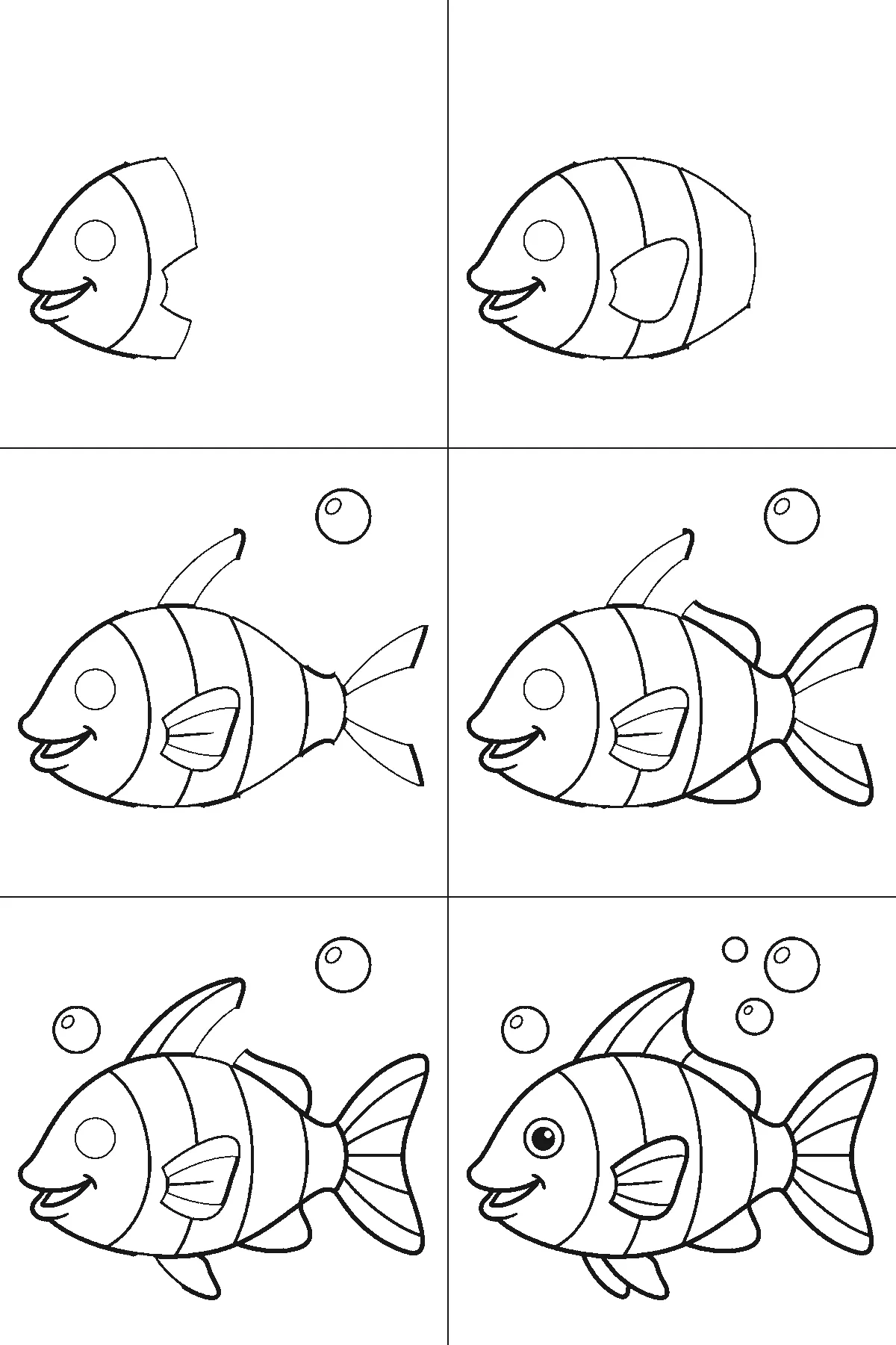 Schritt-für-Schritt-Blatt mit sechs nummerierten Feldern: ein Fisch im Profil mit großem Auge, lächelndem Maul, Rückenflosse, Seitenflosse, breiter Schwanzflosse, Querstreifen und Luftblasen darüber. Jedes Feld übernimmt die Linien des vorherigen und fügt neue hinzu, schwarze Linien auf weißem Grund.