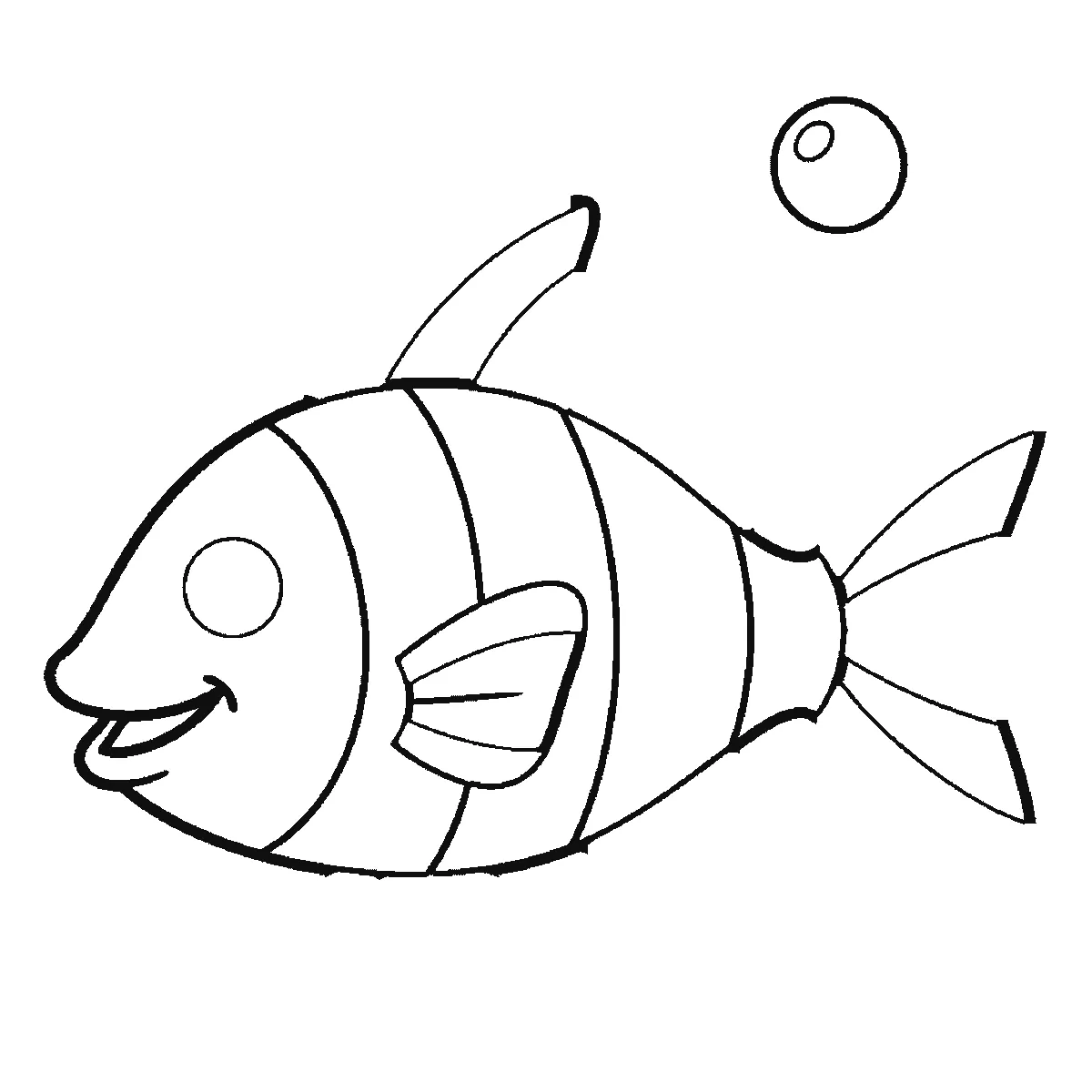 Schritt 3 von 6 — Zeichnung eines Fisches, schwarze Linien auf weißem Grund