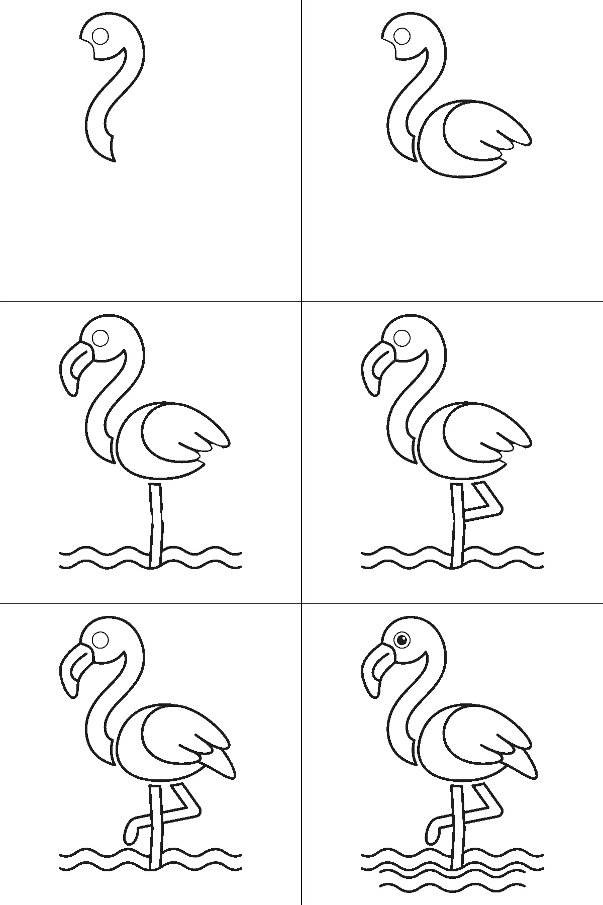 Schritt-für-Schritt-Blatt mit sechs nummerierten Feldern: ein Flamingo im Profil im flachen Wasser, mit langem geschwungenem Hals, kräftigem gebogenem Schnabel, angelegtem Flügel, einem Standbein und einem angewinkelten Bein. Jedes Feld übernimmt die Linien des vorherigen und fügt neue hinzu, schwarze Linien auf weißem Grund.