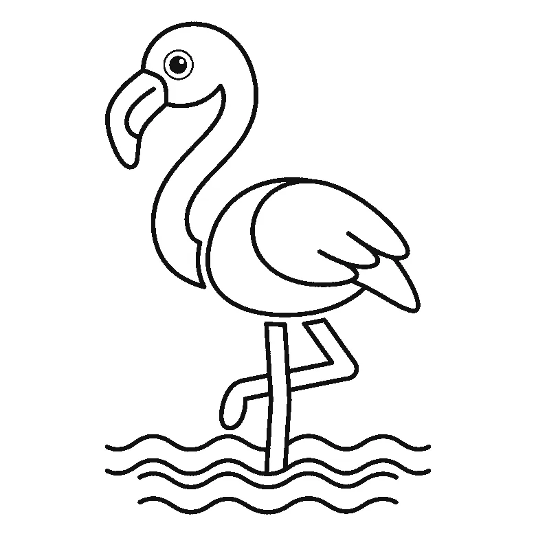 Schritt-für-Schritt-Blatt mit sechs nummerierten Feldern: ein Flamingo im Profil im flachen Wasser, mit langem geschwungenem Hals, kräftigem gebogenem Schnabel, angelegtem Flügel, einem Standbein und einem angewinkelten Bein. Jedes Feld übernimmt die Linien des vorherigen und fügt neue hinzu, schwarze Linien auf weißem Grund.