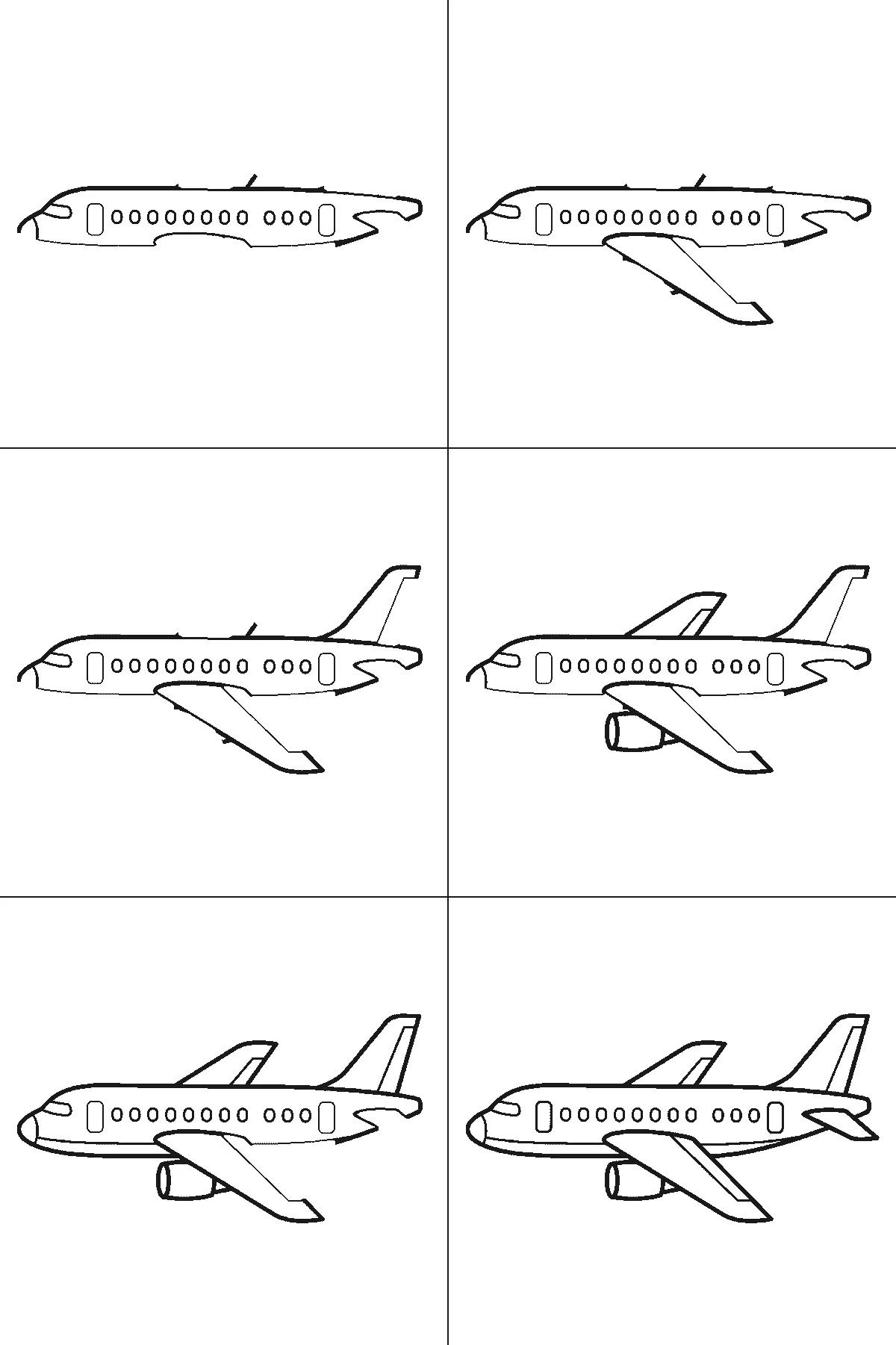 Schritt-für-Schritt-Blatt mit sechs nummerierten Feldern: ein Verkehrsflugzeug von der Seite, mit einer Reihe runder Fenster, zwei Türen, zwei Tragflächen, einem Triebwerk und hohem Leitwerk. Jedes Feld übernimmt die Linien des vorherigen und fügt neue hinzu, schwarze Linien auf weißem Grund.
