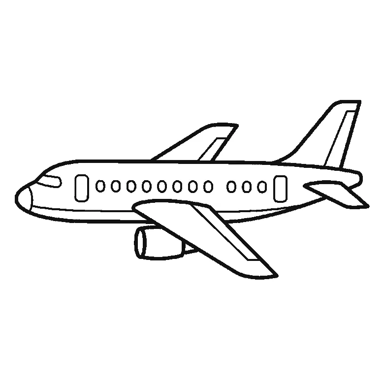 Schritt-für-Schritt-Blatt mit sechs nummerierten Feldern: ein Verkehrsflugzeug von der Seite, mit einer Reihe runder Fenster, zwei Türen, zwei Tragflächen, einem Triebwerk und hohem Leitwerk. Jedes Feld übernimmt die Linien des vorherigen und fügt neue hinzu, schwarze Linien auf weißem Grund.