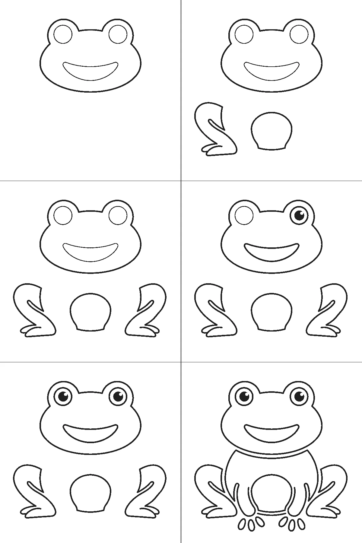 Schritt-für-Schritt-Blatt mit sechs nummerierten Feldern: ein sitzender Frosch von vorn, mit zwei großen runden Augen auf zwei Kuppen, breitem Lächeln, rundem Bauchfeld, zwei weit gespreizten Schwimmfüßen und einzelnen Zehen davor. Jedes Feld übernimmt die Linien des vorherigen und fügt neue hinzu, schwarze Linien auf weißem Grund.