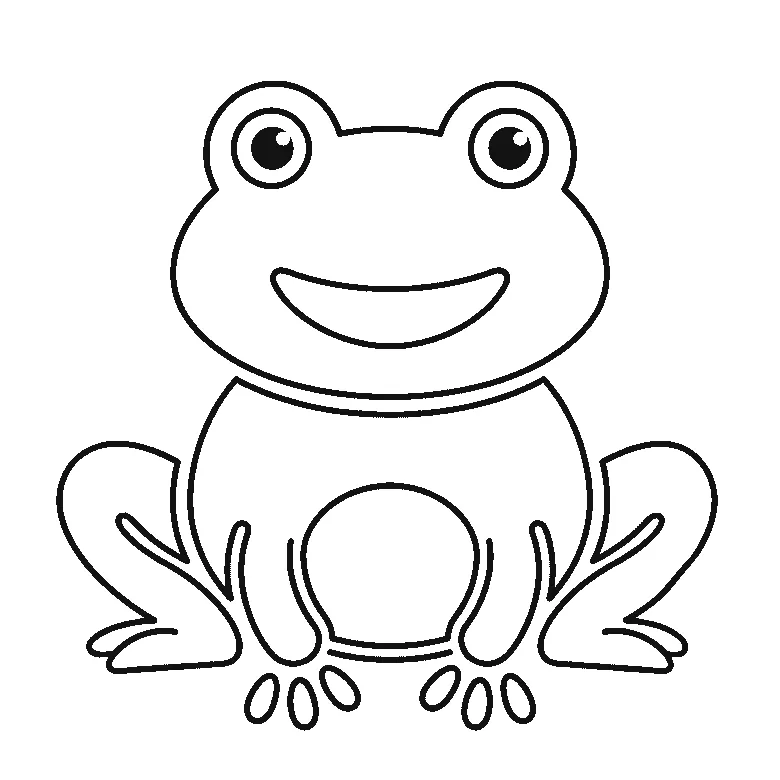 Schritt-für-Schritt-Blatt mit sechs nummerierten Feldern: ein sitzender Frosch von vorn, mit zwei großen runden Augen auf zwei Kuppen, breitem Lächeln, rundem Bauchfeld, zwei weit gespreizten Schwimmfüßen und einzelnen Zehen davor. Jedes Feld übernimmt die Linien des vorherigen und fügt neue hinzu, schwarze Linien auf weißem Grund.