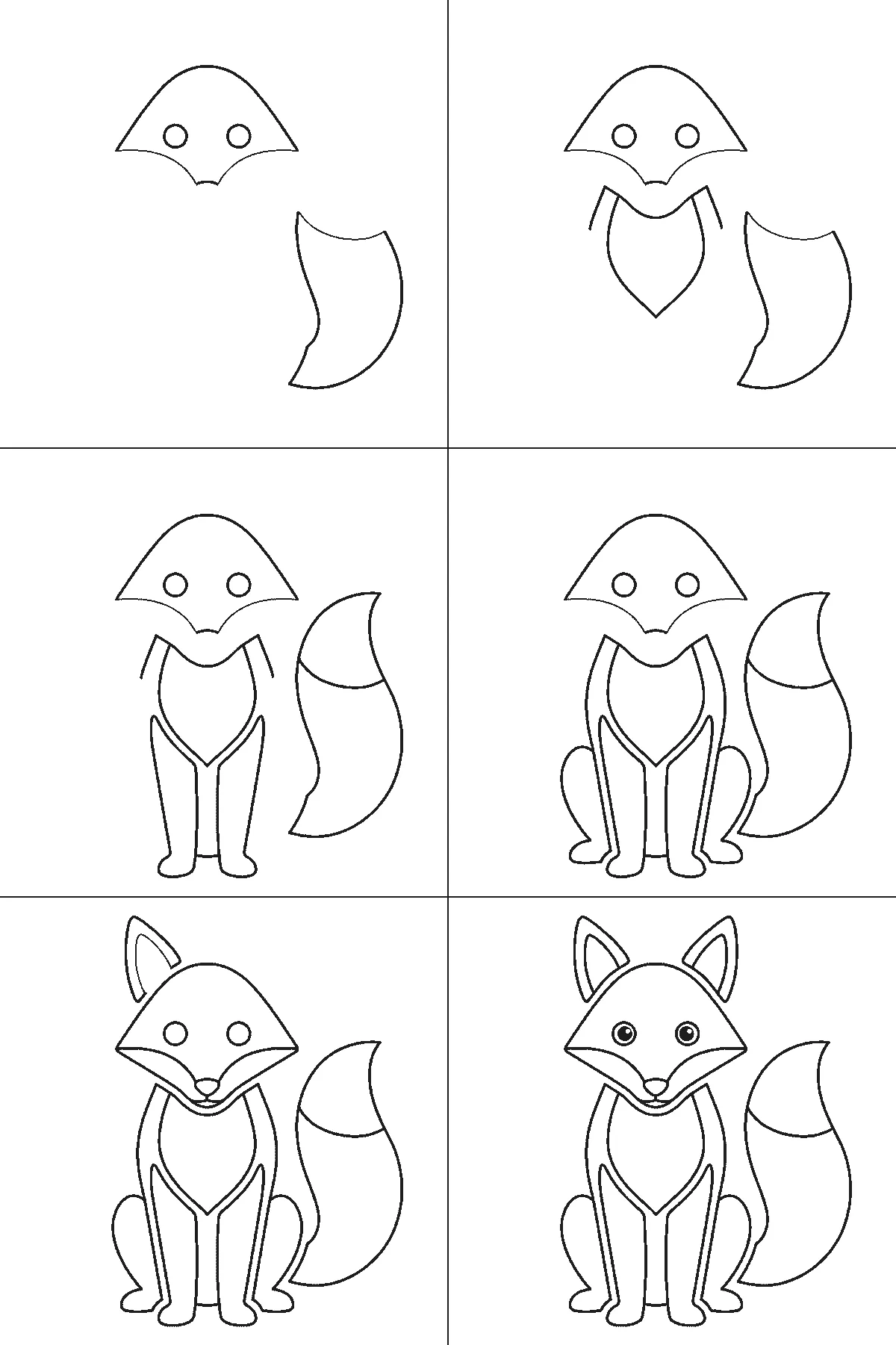 Schritt-für-Schritt-Blatt mit sechs nummerierten Feldern: ein aufrecht sitzender Fuchs von vorn, mit dreieckigem Kopf, spitzen Ohren, hellem Brustlatz und großer buschiger Rute. Jedes Feld übernimmt die Linien des vorherigen und fügt neue hinzu, schwarze Linien auf weißem Grund.