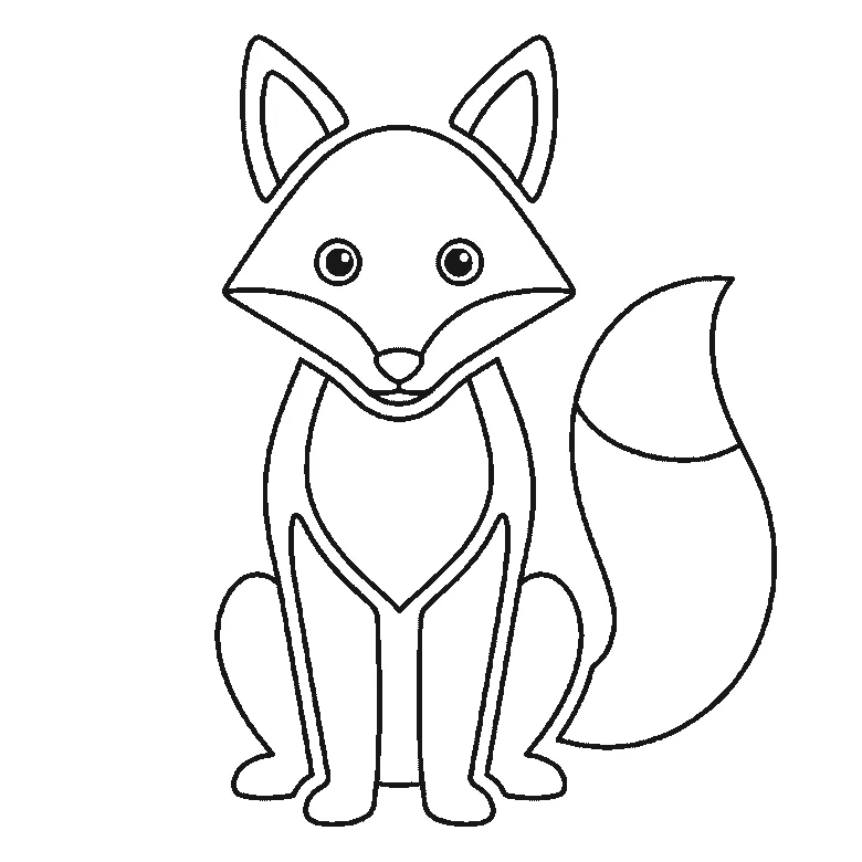 Schritt-für-Schritt-Blatt mit sechs nummerierten Feldern: ein aufrecht sitzender Fuchs von vorn, mit dreieckigem Kopf, spitzen Ohren, hellem Brustlatz und großer buschiger Rute. Jedes Feld übernimmt die Linien des vorherigen und fügt neue hinzu, schwarze Linien auf weißem Grund.