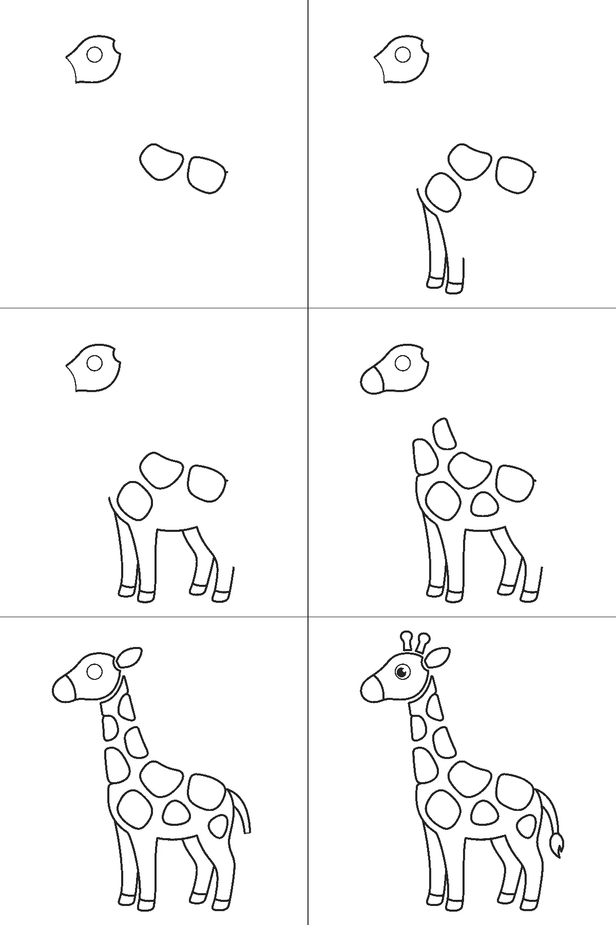 Schritt-für-Schritt-Blatt mit sechs nummerierten Feldern: eine stehende Giraffe im Profil mit langem Hals, zwei Hörnchen, einem Ohr, gerundeten Flecken auf Hals und Körper und vier Beinen mit hellen Hufbändern. Jedes Feld übernimmt die Linien des vorherigen und fügt neue hinzu, schwarze Linien auf weißem Grund.
