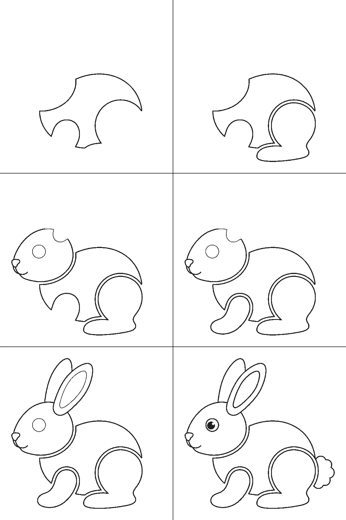 Schritt-für-Schritt-Blatt mit sechs nummerierten Feldern: ein sitzender Hase im Profil mit zwei langen aufgestellten Ohren, rundem Kopf, kräftiger Hinterhand und rundem, flauschigem Schwanz. Jedes Feld übernimmt die Linien des vorherigen und fügt neue hinzu, schwarze Linien auf weißem Grund.