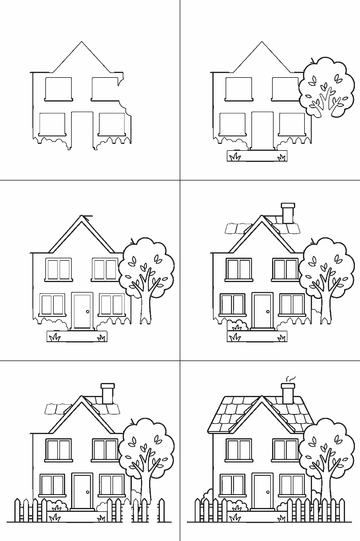 Schritt-für-Schritt-Blatt mit sechs nummerierten Feldern: ein Haus mit Satteldach und Ziegeln, Schornstein, vier Fenstern, Haustür, Gartenzaun, Büschen und einem Baum daneben. Jedes Feld übernimmt die Linien des vorherigen und fügt neue hinzu, schwarze Linien auf weißem Grund.