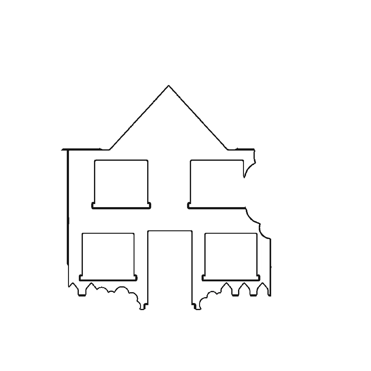 Schritt 1 von 6 — Zeichnung eines Hauses, schwarze Linien auf weißem Grund