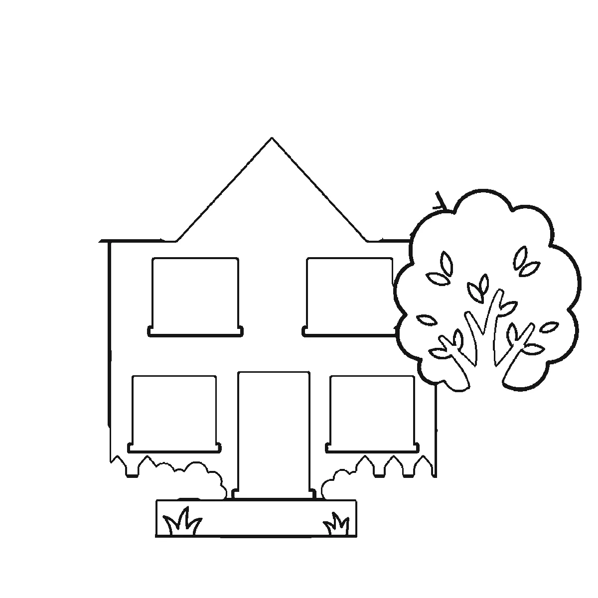 Schritt 2 von 6 — Zeichnung eines Hauses, schwarze Linien auf weißem Grund
