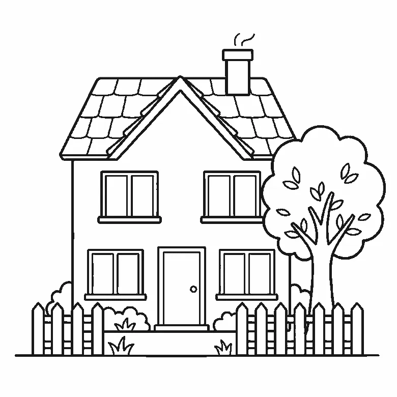Schritt-für-Schritt-Blatt mit sechs nummerierten Feldern: ein Haus mit Satteldach und Ziegeln, Schornstein, vier Fenstern, Haustür, Gartenzaun, Büschen und einem Baum daneben. Jedes Feld übernimmt die Linien des vorherigen und fügt neue hinzu, schwarze Linien auf weißem Grund.