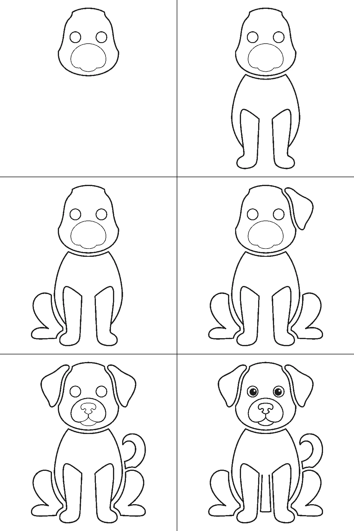 Schritt-für-Schritt-Blatt mit sechs nummerierten Feldern: ein aufrecht sitzender Hund von vorn, mit Schlappohren, ausgefüllten Augen, breiter Schnauze und eingerolltem Schwanz. Jedes Feld übernimmt die Linien des vorherigen und fügt neue hinzu, schwarze Linien auf weißem Grund.