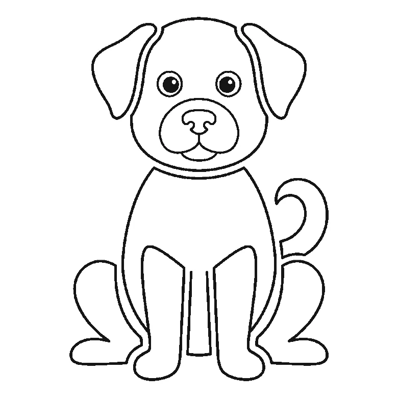 Schritt-für-Schritt-Blatt mit sechs nummerierten Feldern: ein aufrecht sitzender Hund von vorn, mit Schlappohren, ausgefüllten Augen, breiter Schnauze und eingerolltem Schwanz. Jedes Feld übernimmt die Linien des vorherigen und fügt neue hinzu, schwarze Linien auf weißem Grund.