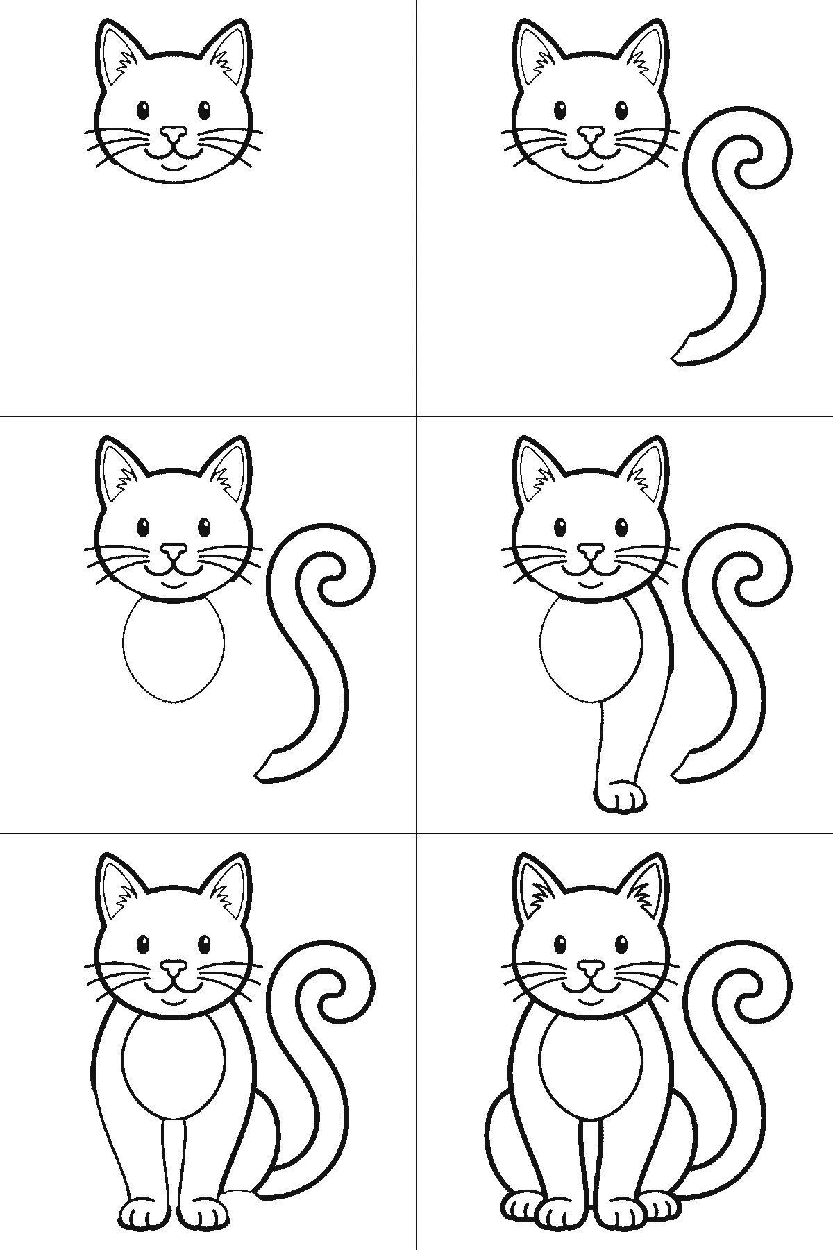 Schritt-für-Schritt-Blatt mit sechs nummerierten Feldern: eine aufrecht sitzende Katze von vorn, mit dreieckigen Ohren, ausgefüllten Augen, Schnurrhaaren, großem Brustoval und langem eingerolltem Schwanz. Jedes Feld übernimmt die Linien des vorherigen und fügt neue hinzu, schwarze Linien auf weißem Grund.