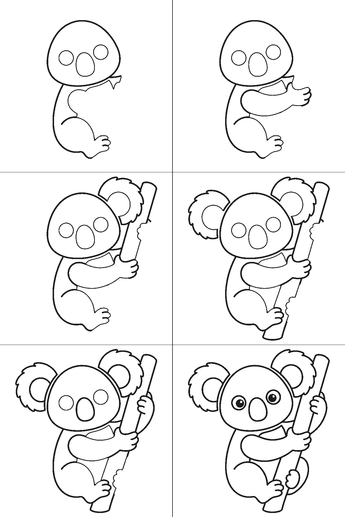 Schritt-für-Schritt-Blatt mit sechs nummerierten Feldern: ein Koala am Ast von vorn, mit zwei sehr großen zottigen Ohren, großer ovaler Nase, rundem Körper und Armen und Füßen am Ast. Jedes Feld übernimmt die Linien des vorherigen und fügt neue hinzu, schwarze Linien auf weißem Grund.
