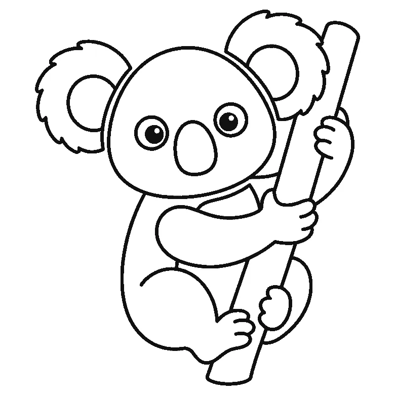 Schritt-für-Schritt-Blatt mit sechs nummerierten Feldern: ein Koala am Ast von vorn, mit zwei sehr großen zottigen Ohren, großer ovaler Nase, rundem Körper und Armen und Füßen am Ast. Jedes Feld übernimmt die Linien des vorherigen und fügt neue hinzu, schwarze Linien auf weißem Grund.