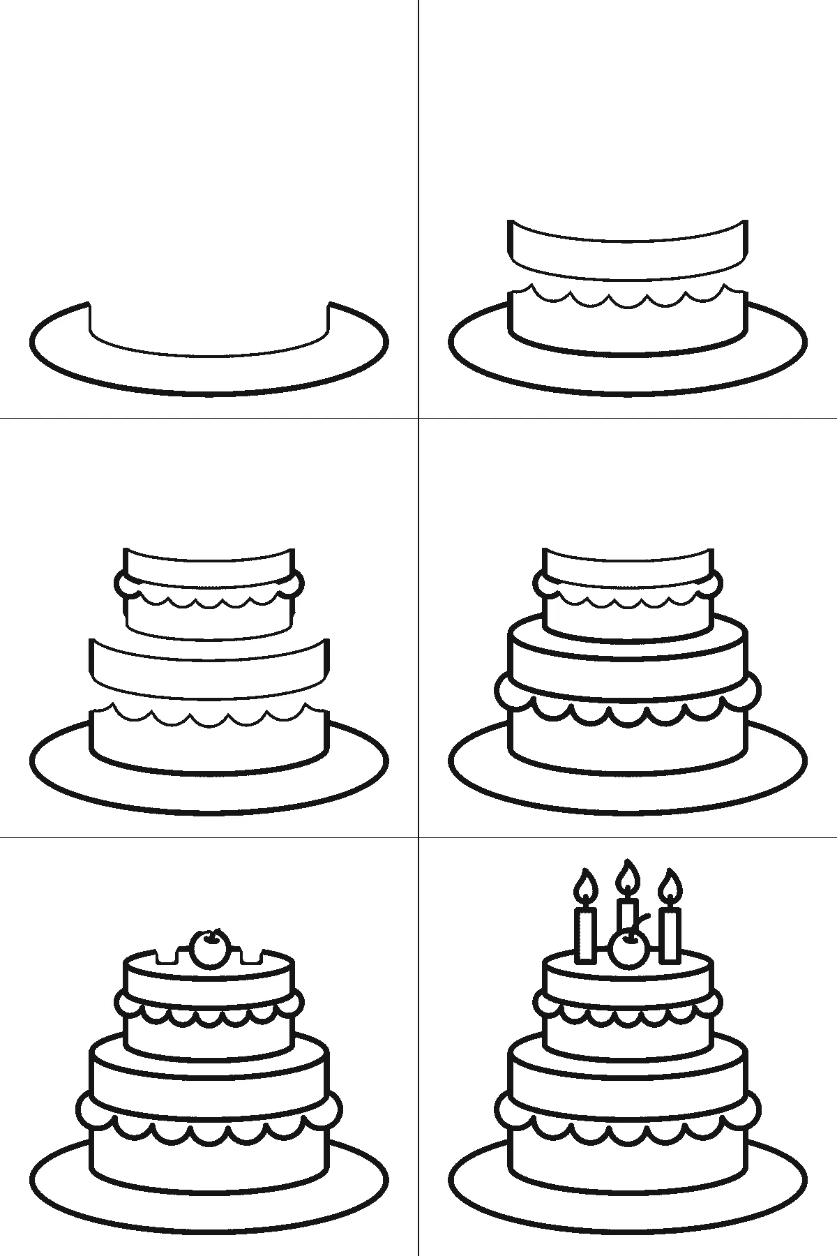 Schritt-für-Schritt-Blatt mit sechs nummerierten Feldern: eine zweistöckige Torte auf einem ovalen Teller, mit Zuckerguss-Bögen an beiden Stockwerken, drei brennenden Kerzen und einer Kirsche obenauf. Jedes Feld übernimmt die Linien des vorherigen und fügt neue hinzu, schwarze Linien auf weißem Grund.