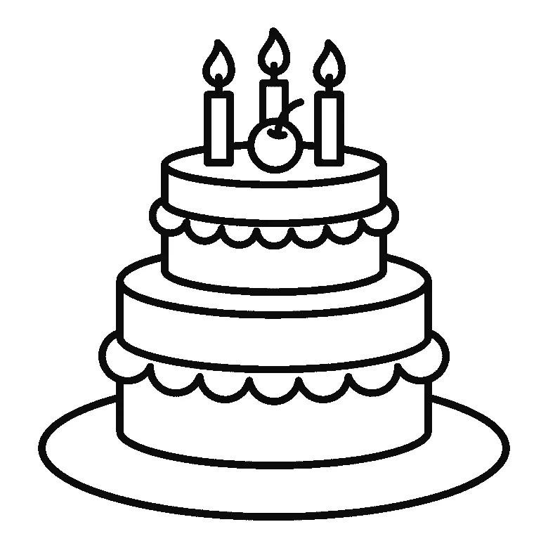 Schritt-für-Schritt-Blatt mit sechs nummerierten Feldern: eine zweistöckige Torte auf einem ovalen Teller, mit Zuckerguss-Bögen an beiden Stockwerken, drei brennenden Kerzen und einer Kirsche obenauf. Jedes Feld übernimmt die Linien des vorherigen und fügt neue hinzu, schwarze Linien auf weißem Grund.