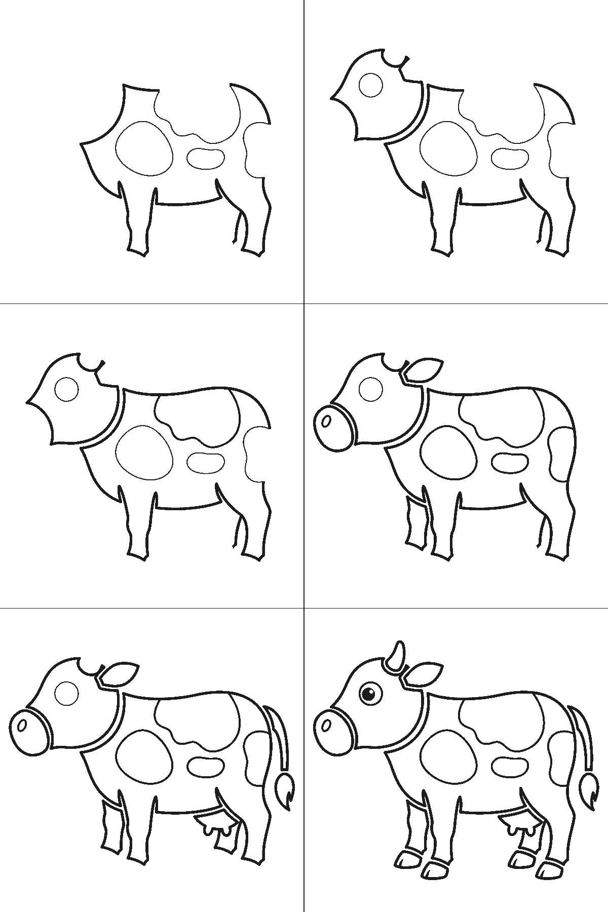 Schritt-für-Schritt-Blatt mit sechs nummerierten Feldern: eine stehende Kuh im Profil mit großem Maulfeld, einem Horn, einem Ohr, gerundeten Flecken, vier Beinen mit Hufbändern, Euter und Schwanzquaste. Jedes Feld übernimmt die Linien des vorherigen und fügt neue hinzu, schwarze Linien auf weißem Grund.