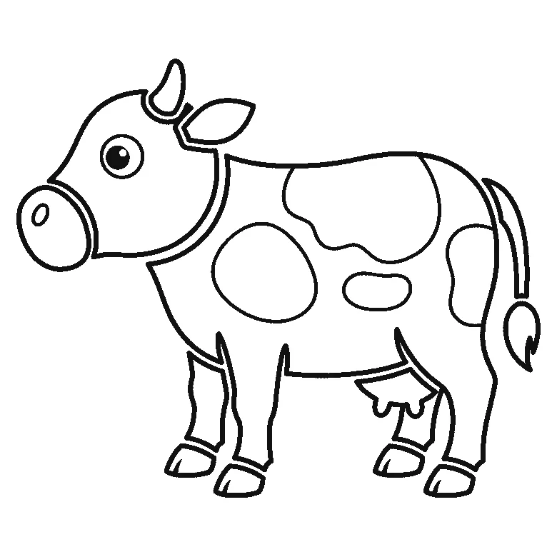 Schritt-für-Schritt-Blatt mit sechs nummerierten Feldern: eine stehende Kuh im Profil mit großem Maulfeld, einem Horn, einem Ohr, gerundeten Flecken, vier Beinen mit Hufbändern, Euter und Schwanzquaste. Jedes Feld übernimmt die Linien des vorherigen und fügt neue hinzu, schwarze Linien auf weißem Grund.