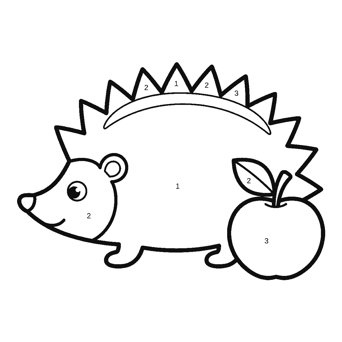 Igel im Profil mit großen Stacheln entlang des Rückens neben einem Apfel, mit acht geschlossenen Flächen, die je eine gedruckte Ziffer in ihrer Mitte tragen, schwarze Umrisslinien auf Weiß.