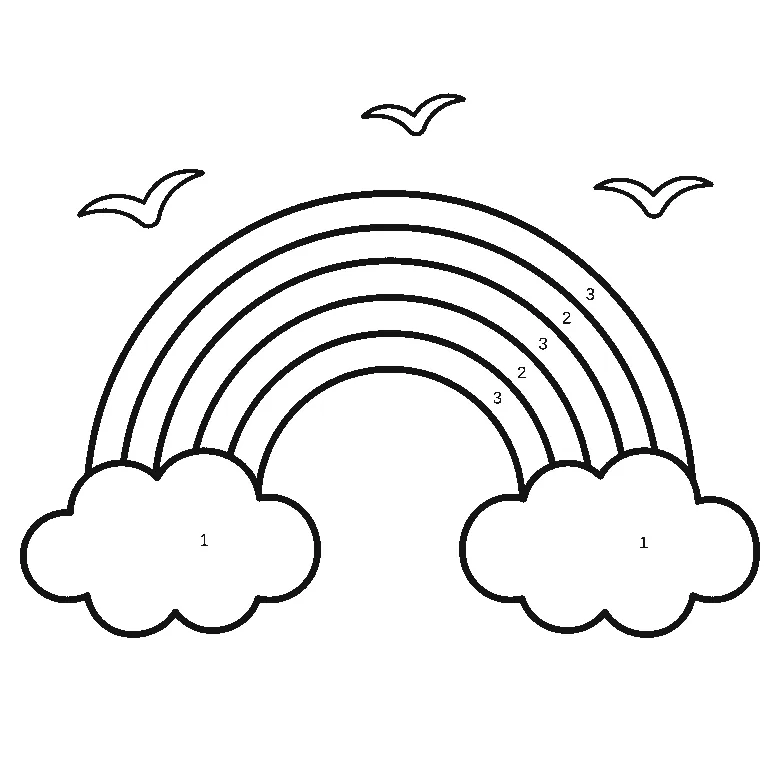 Regenbogen aus breiten Bändern mit je einer Wolke an beiden Enden und drei Vögeln darüber, dessen sieben Flächen je eine gedruckte Ziffer in ihrer Mitte tragen, schwarze Umrisslinien auf Weiß.