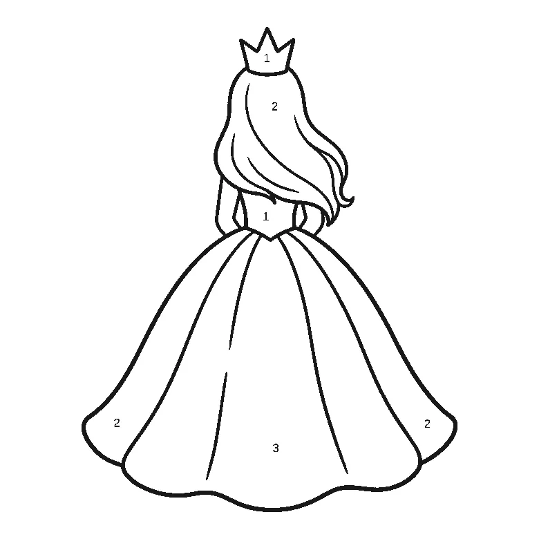 Prinzessin von hinten mit langem gewelltem Haar, kleiner Zackenkrone und weitem bodenlangem Kleid, deren sechs große Flächen je eine gedruckte Ziffer in ihrer Mitte tragen, schwarze Umrisslinien auf Weiß.