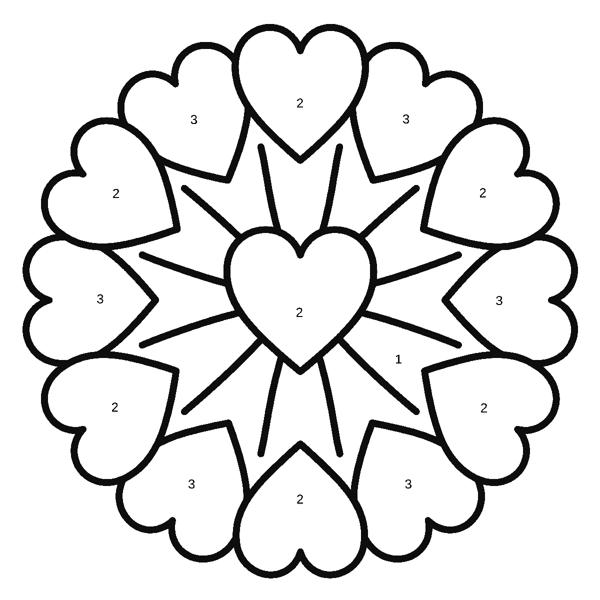 Mandala aus großen Herzformen um ein zentrales Herz, dessen vierzehn Flächen alle je eine gedruckte Ziffer in ihrer Mitte tragen, schwarze Umrisslinien auf Weiß.